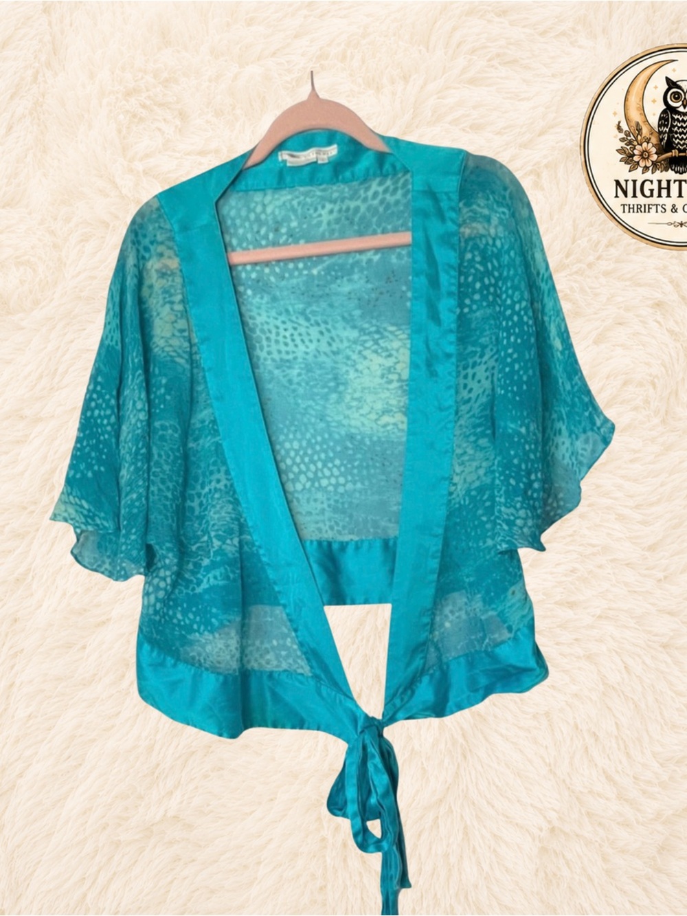 Vtg 90s Turquoise Chiffon Cropped Tie Front Kimono Jacket Open Stitch Knit S/M